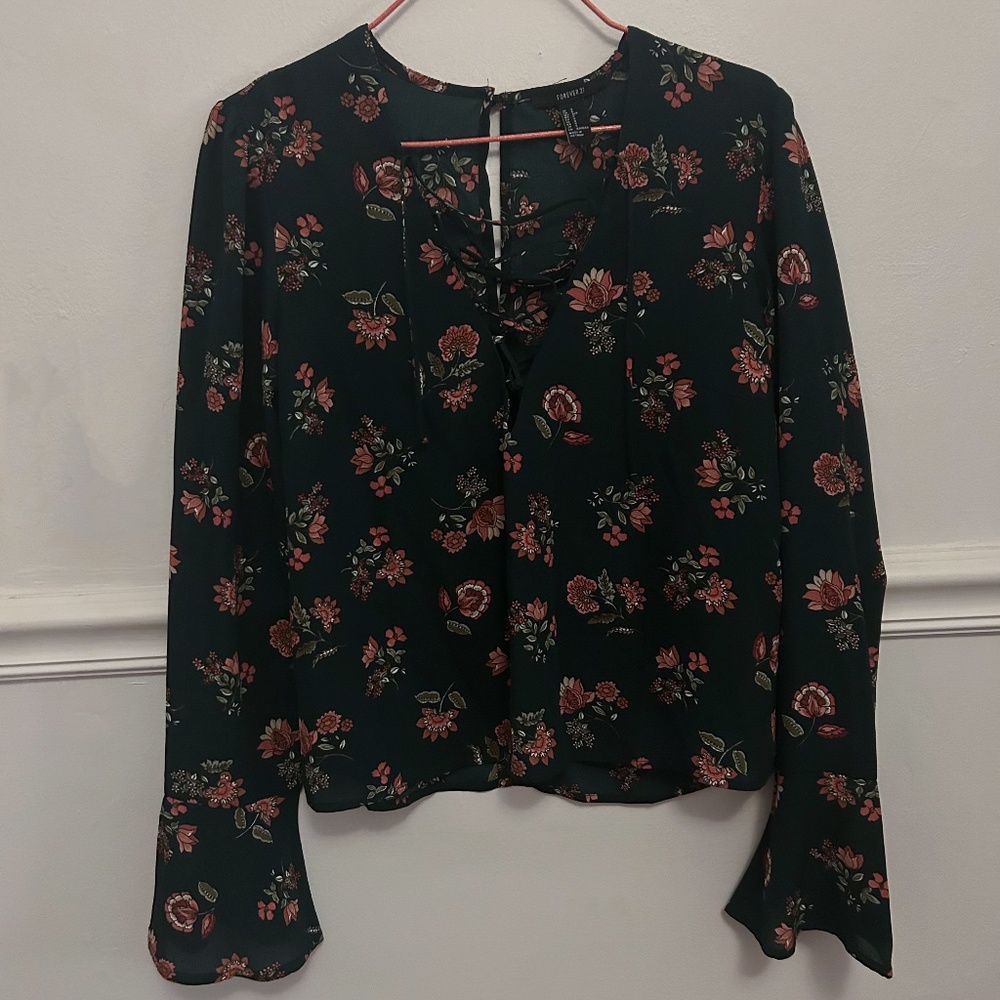 Forever 21 Green Floral Print Blouse - Size S